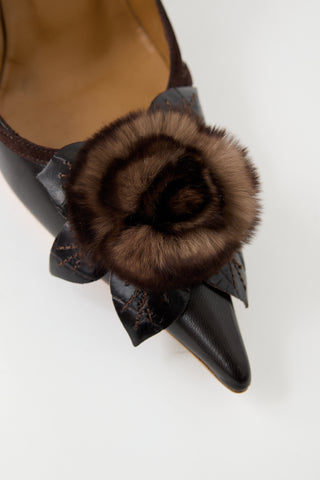 Valentino Brown Leather 
Fur Flower Pump