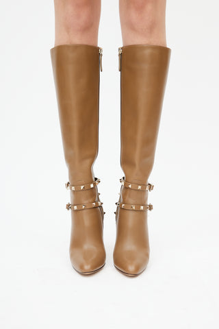 Valentino Brown Leather Knee High Rockstud Boot