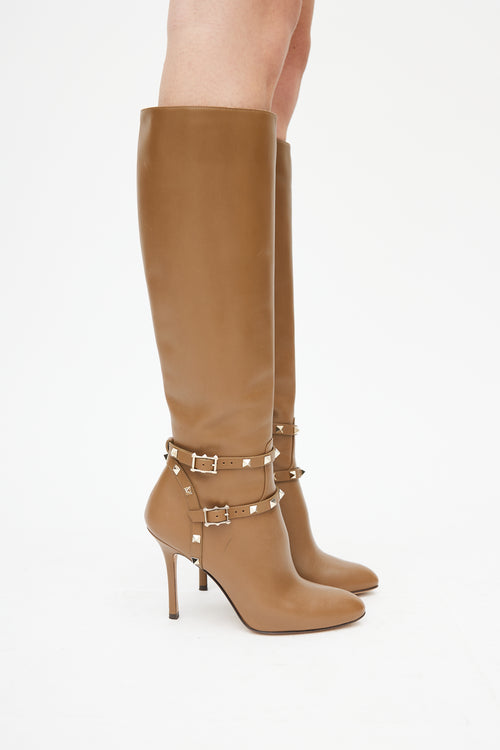 Valentino Brown Leather Knee High Rockstud Boot