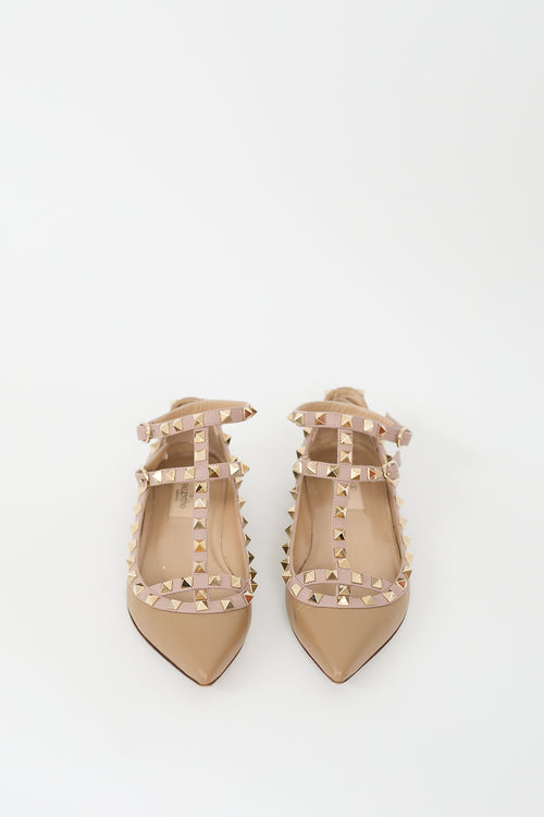 Valentino Brown Leather Rockstud Caged Flat