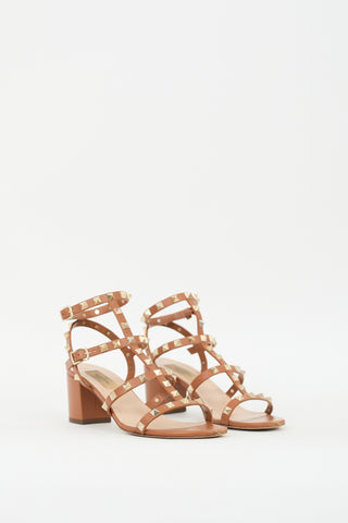 Valentino Brown Leather Caged Rockstud Sandal