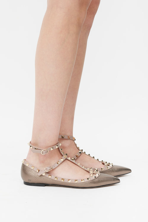 Valentino Brown 
Pink Metallic Leather Rockstud Caged Ballet Flat