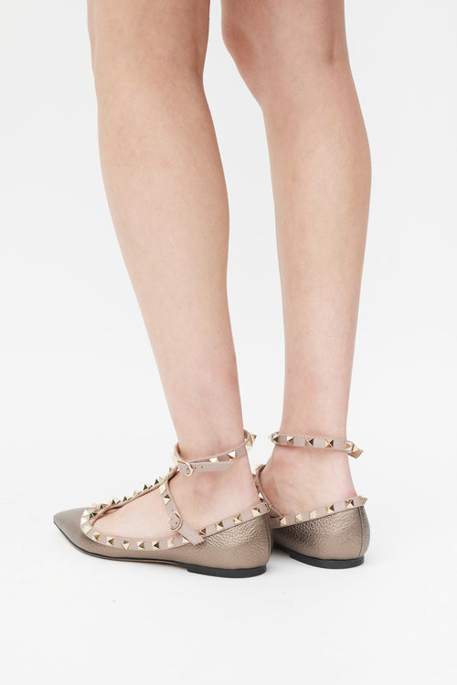 Valentino Brown 
Pink Metallic Leather Rockstud Caged Ballet Flat