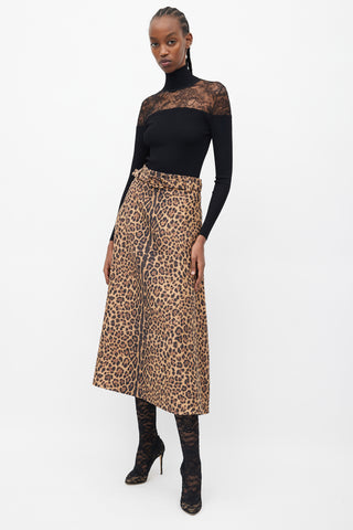 Valentino Brown Print VLogo Belted Midi Skirt