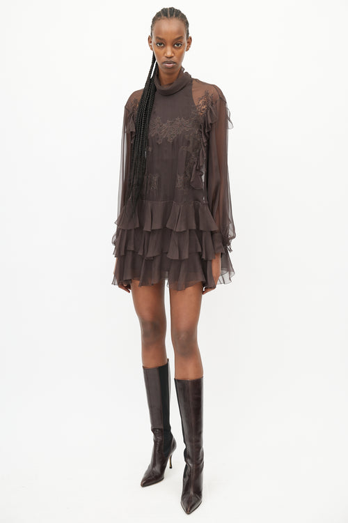 Valentino Brown Sheer Ruffled Lace Dress