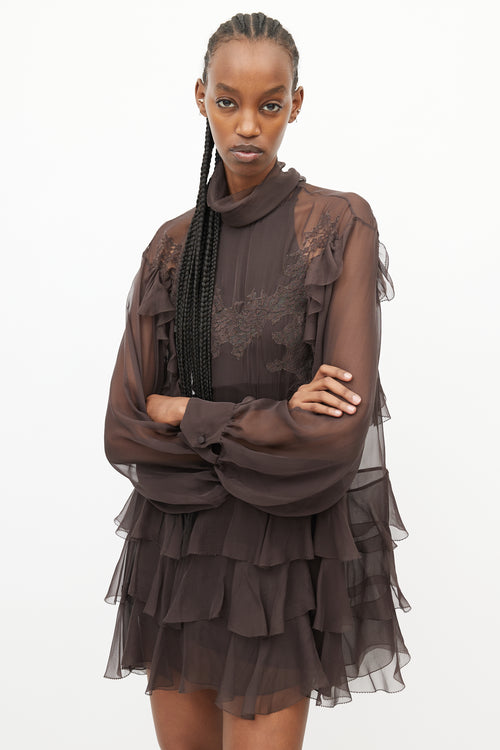 Valentino Brown Sheer Ruffled Lace Dress