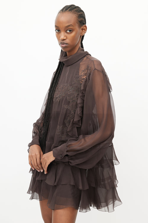 Valentino Brown Sheer Ruffled Lace Dress