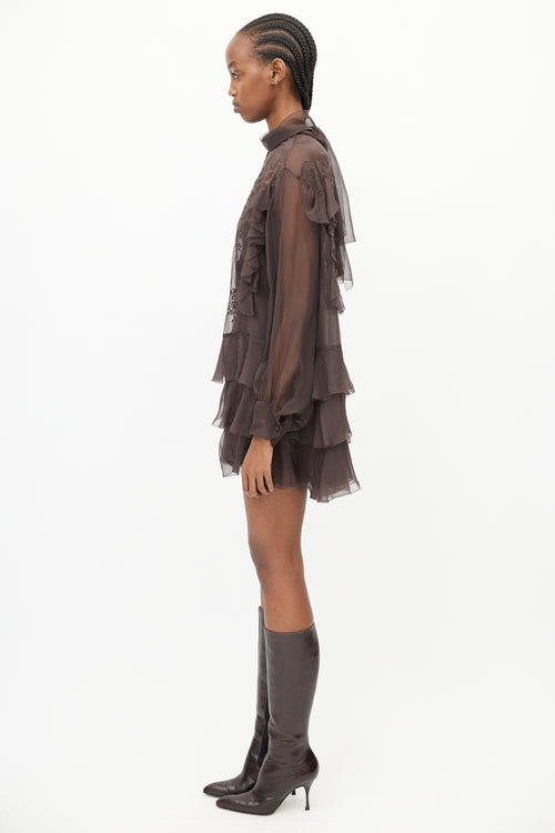 Valentino Brown Sheer Ruffled Lace Dress