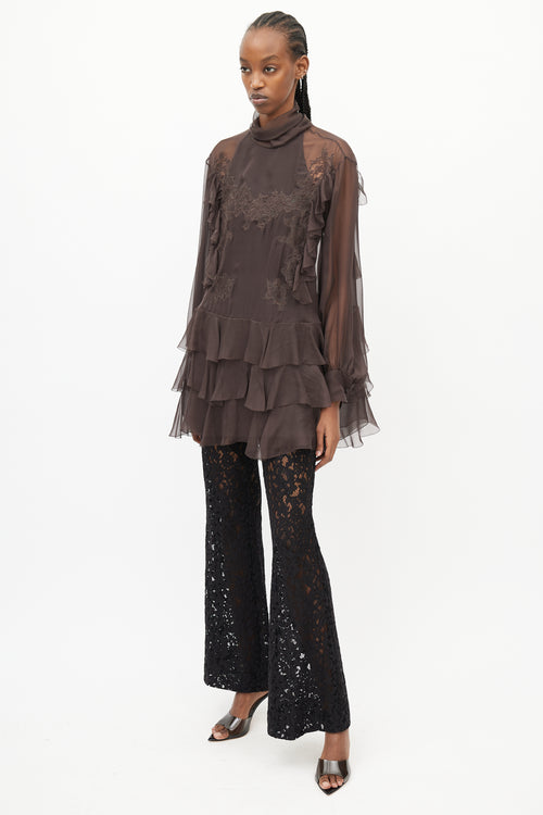 Valentino Brown Sheer Ruffled Lace Dress