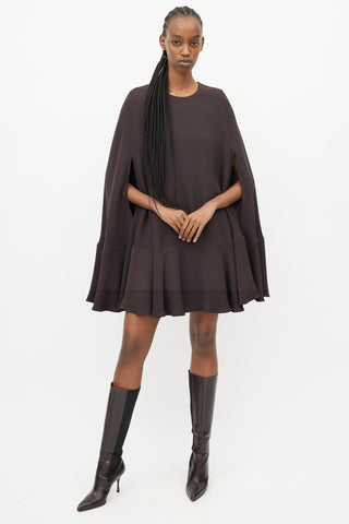 Valentino Brown Silk Ruffled Cape Dress