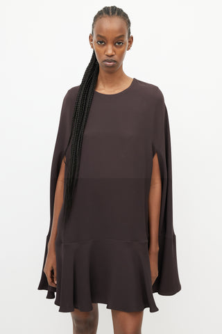 Valentino Brown Silk Ruffled Cape Dress