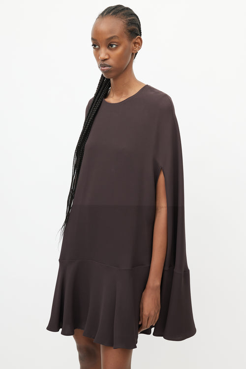 Valentino Brown Silk Ruffled Cape Dress