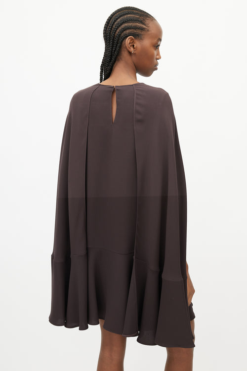 Valentino Brown Silk Ruffled Cape Dress