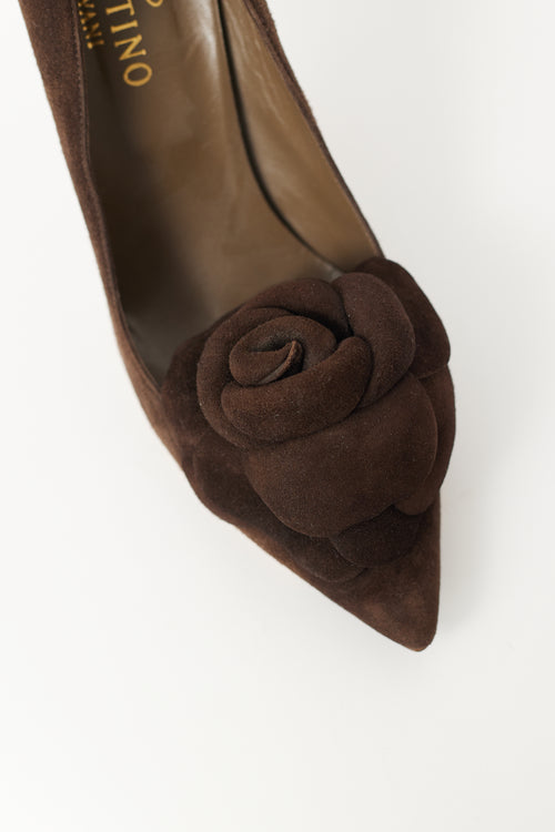 Valentino Brown Suede Flower Toe Pump