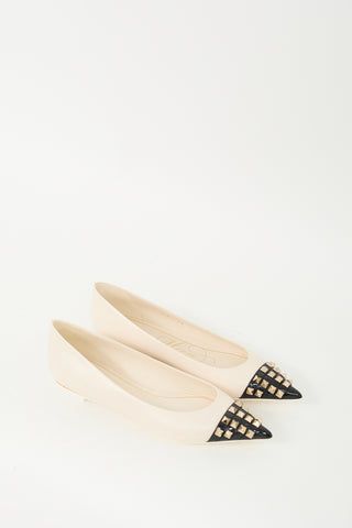 Valentino Cream 
Black Leather Rockstud Pointed Toe Flat