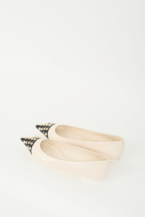 Valentino Cream 
Black Leather Rockstud Pointed Toe Flat