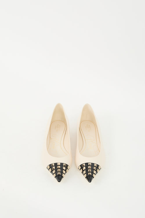 Valentino Cream 
Black Leather Rockstud Pointed Toe Flat