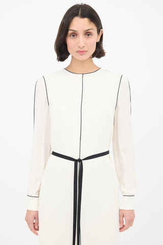 Valentino Cream 
Black Silk Belted Midi Dress