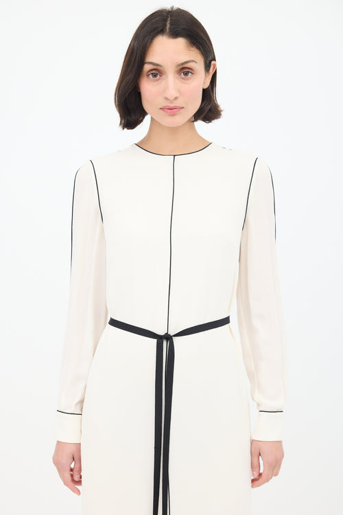 Valentino Cream 
Black Silk Belted Midi Dress