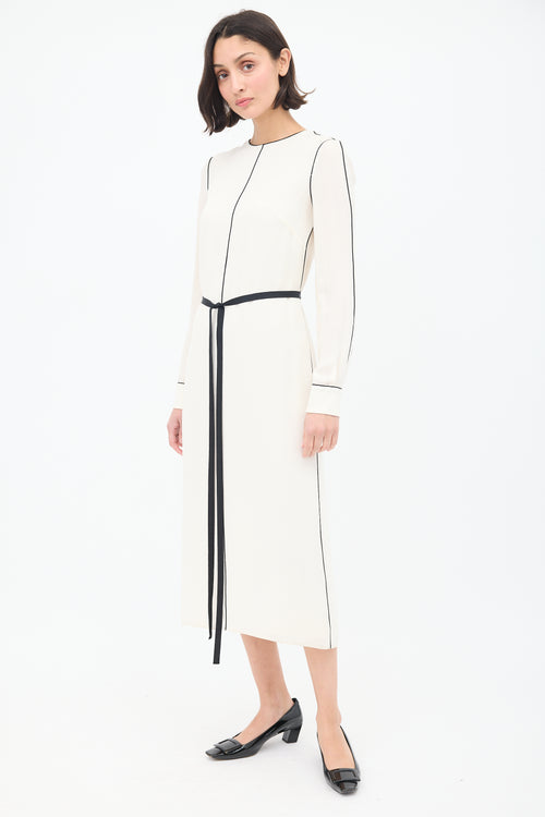 Valentino Cream 
Black Silk Belted Midi Dress