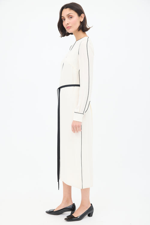 Valentino Cream 
Black Silk Belted Midi Dress