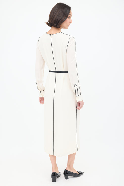 Valentino Cream 
Black Silk Belted Midi Dress