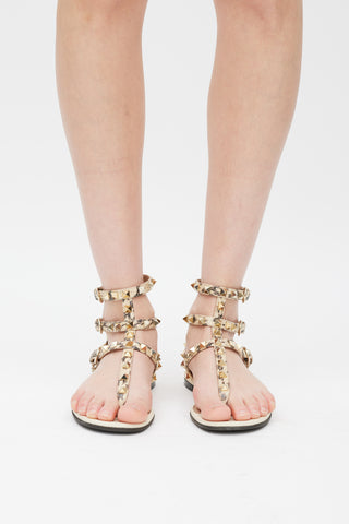 Valentino Cream 
Grey Textured Leather Rockstud Caged Sandal