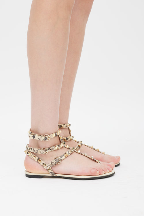 Valentino Cream 
Grey Textured Leather Rockstud Caged Sandal