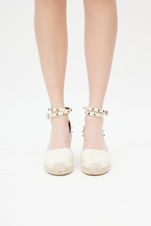 Valentino Cream Leather Rockstud Espadrille Wedge