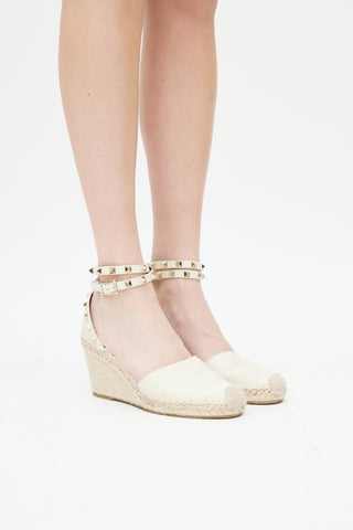 Valentino Cream Leather Rockstud Espadrille Wedge