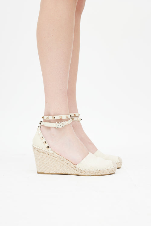 Valentino Cream Leather Rockstud Espadrille Wedge