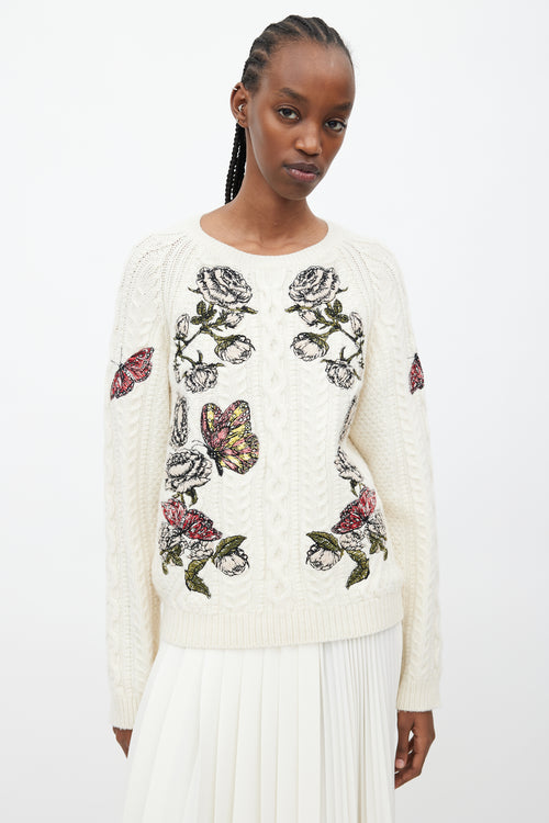 Valentino Cream 
Multicolour Floral Cableknit Sweater