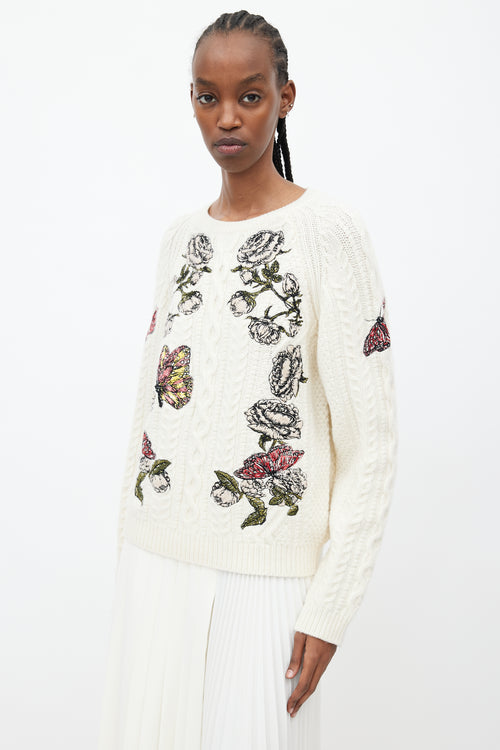 Valentino Cream 
Multicolour Floral Cableknit Sweater