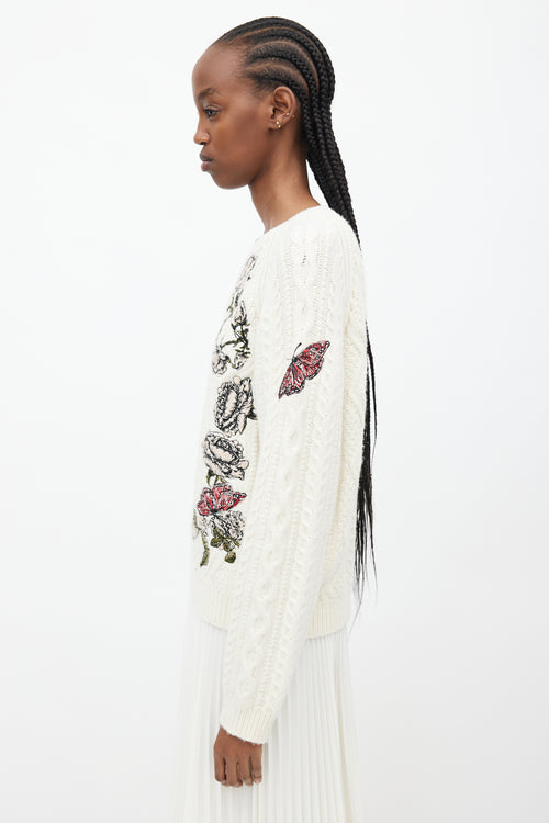 Valentino Cream 
Multicolour Floral Cableknit Sweater