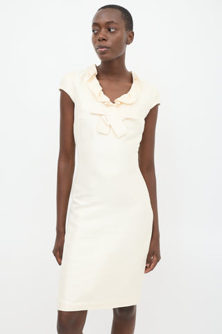 Valentino Cream Silk Ruffled Collar Sheath Dress