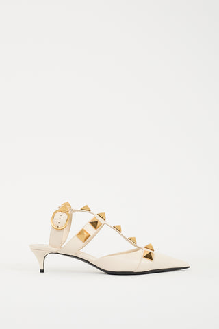 Valentino Cream 
Gold Leather Roman Stud Low Heel