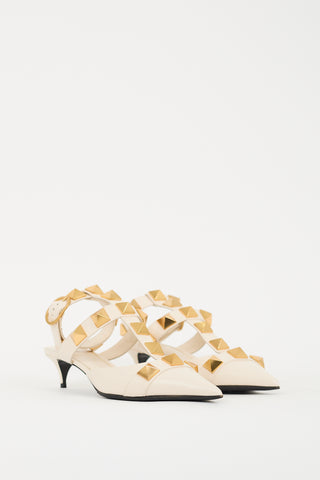 Valentino Cream 
Gold Leather Roman Stud Low Heel