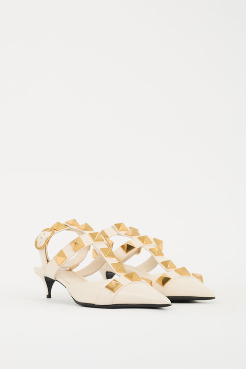 Valentino Cream 
Gold Leather Roman Stud Low Heel