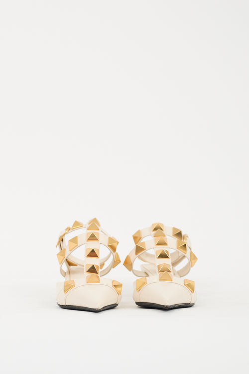 Valentino Cream 
Gold Leather Roman Stud Low Heel