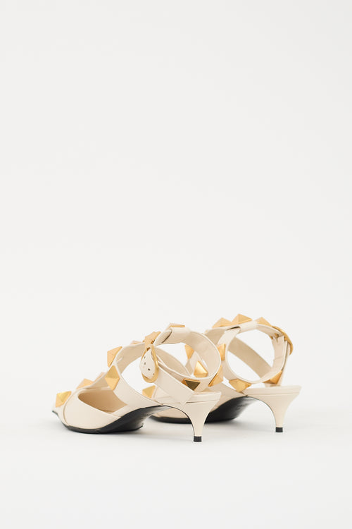 Valentino Cream 
Gold Leather Roman Stud Low Heel