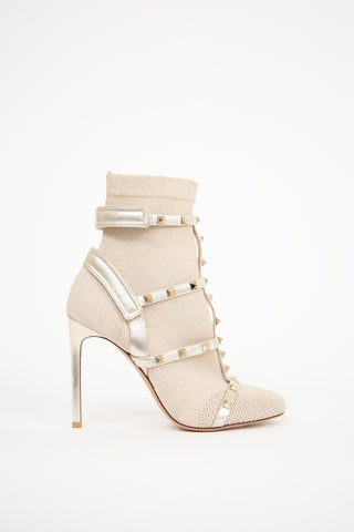 Valentino Gold Knit Rockstud Heeled Boot