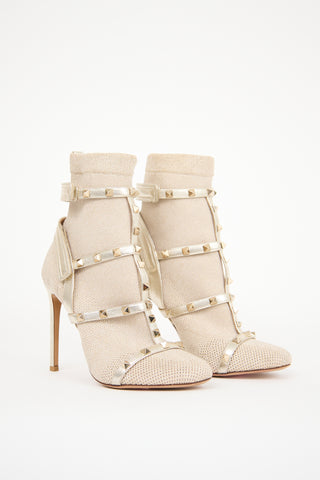 Valentino Gold Knit Rockstud Heeled Boot