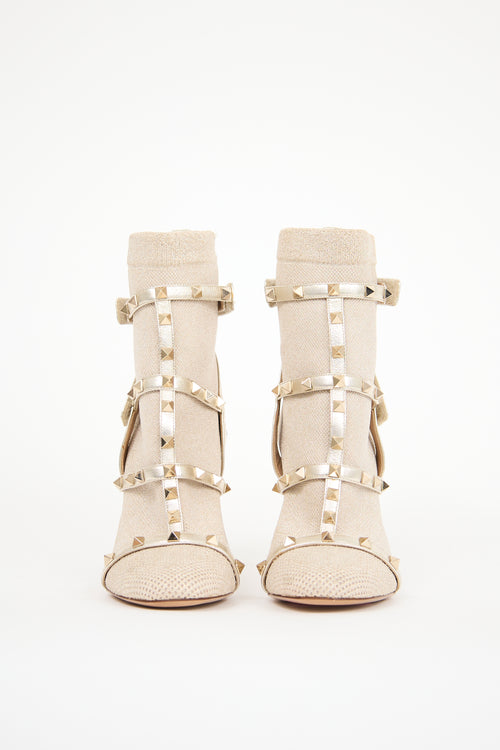 Valentino Gold Knit Rockstud Heeled Boot