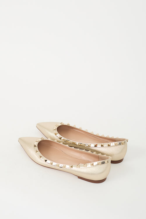 Valentino Gold Leather Rockstud Ballet Flat