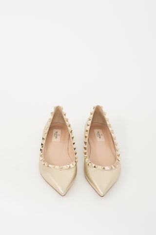 Valentino Gold Leather Rockstud Ballet Flat