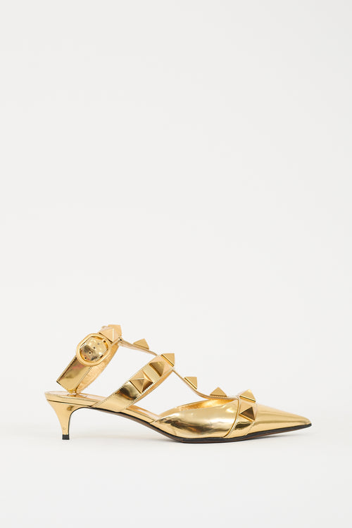 Valentino Gold Patent Roman Stud Low Heel