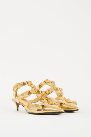 Valentino Gold Patent Roman Stud Low Heel