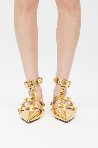 Valentino Gold Rockstud Caged Flat Mule