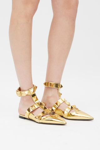 Valentino Gold Rockstud Caged Flat Mule