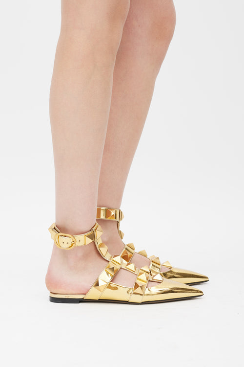 Valentino Gold Rockstud Caged Flat Mule